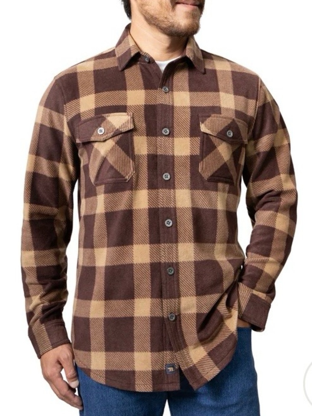 Men's Brown “Grizzly Flex” Plaid & Plush Button-Down Shirt Jacket